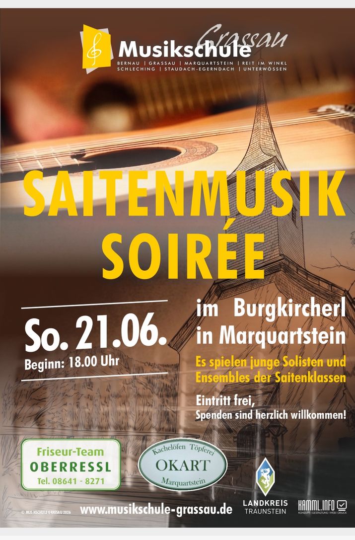 Plakat der Saitenmusik Soirée im Burgkircherl Marquartstein.