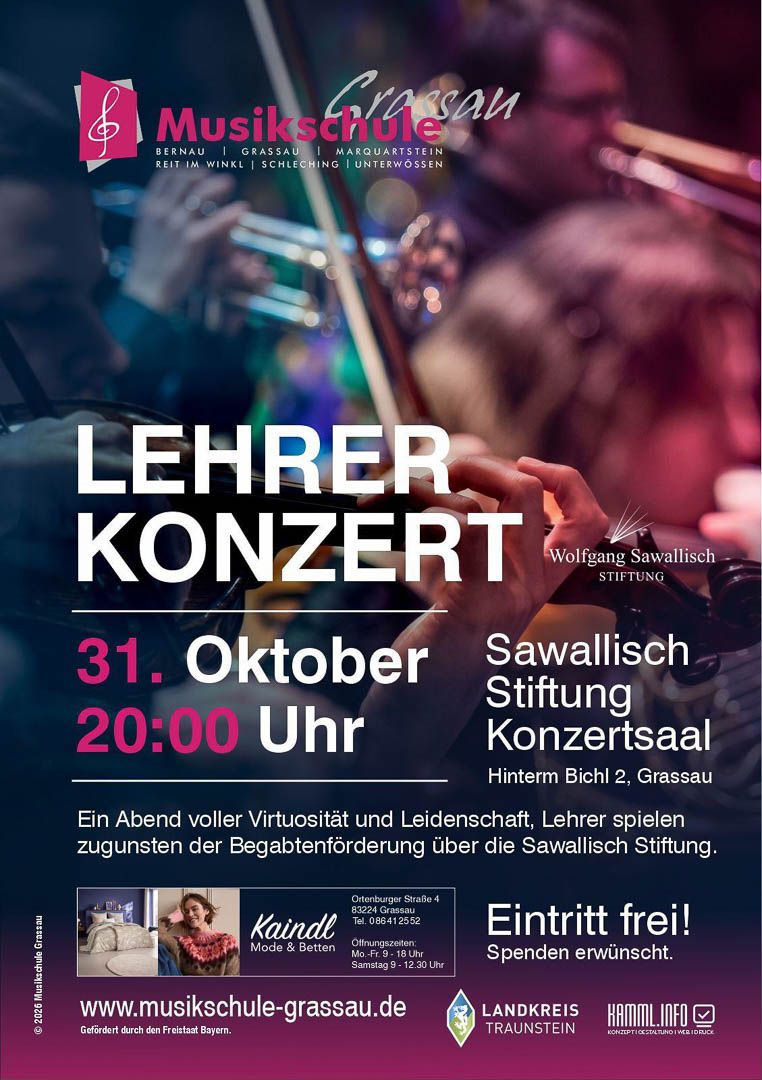 Plakat zum Lehrerkonzert der Musikschule Grassau am 31. Oktober 2026 im Konzertsaal der Wolfgang-Sawallisch-Stiftung