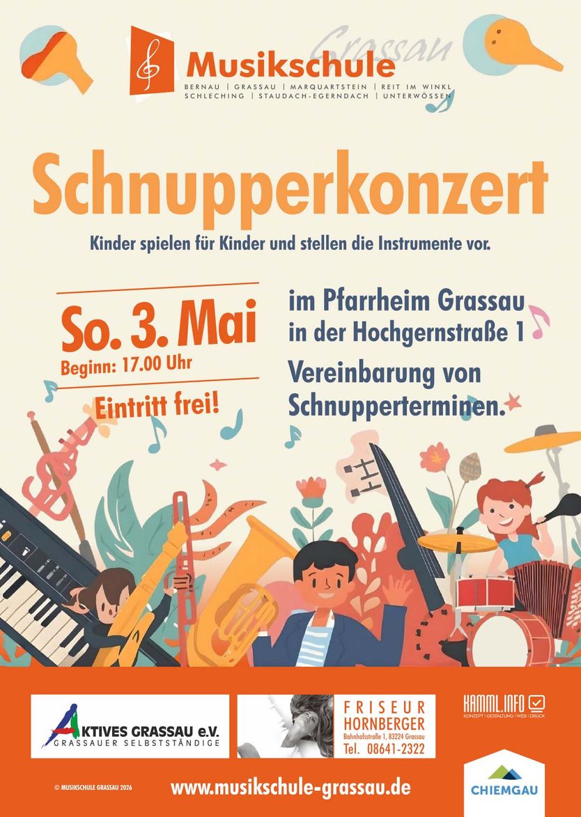 Plakat des Schnupperkonzertes der Musikschule Grassauam am 03. Mai.05