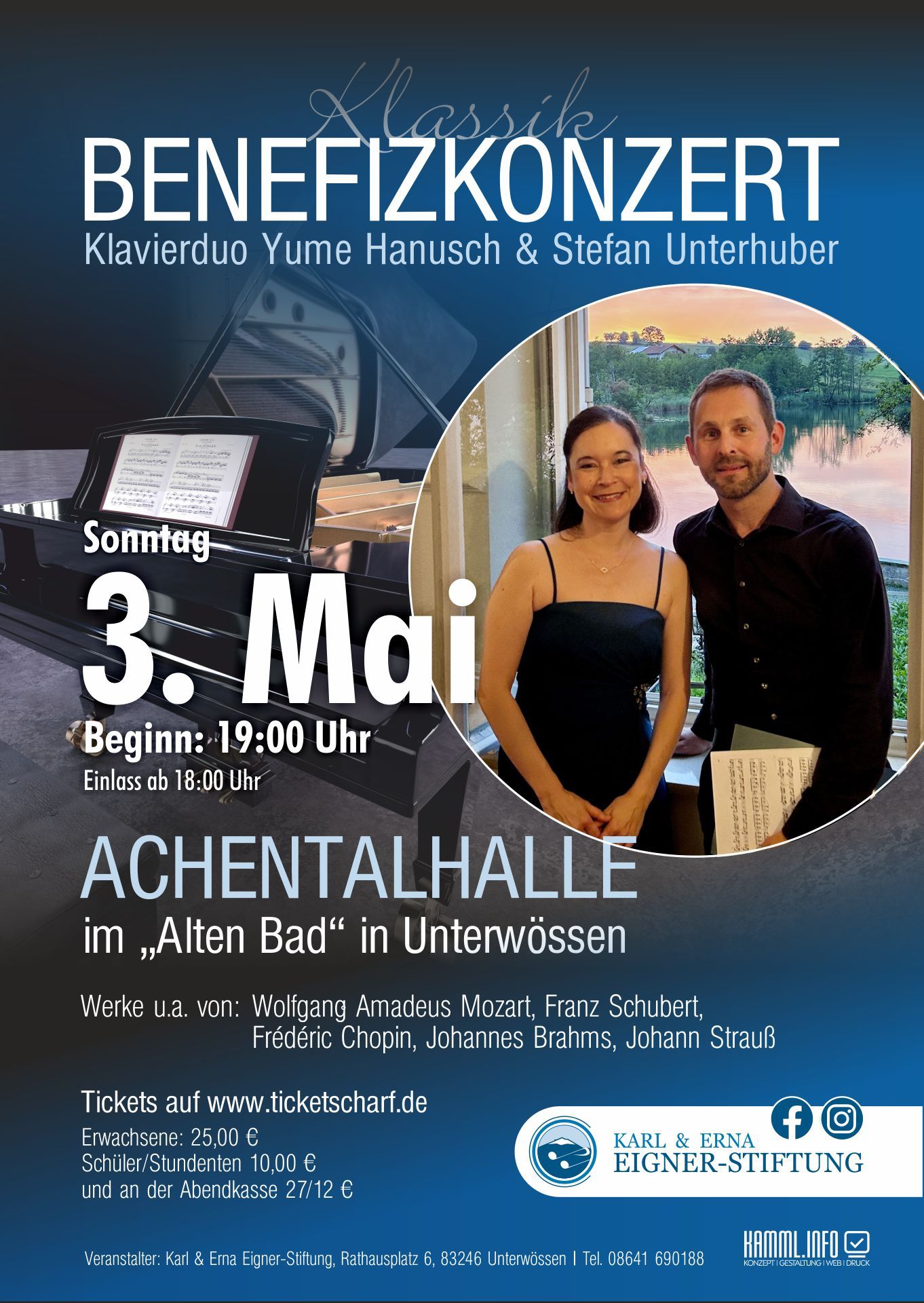 Plakat für das Klassik-Benefizkonzert mit dem Klavierduo Yume Hanusch und Stefan Unterhuber am 3. Mai 2026 in der Achentalhalle Unterwössen